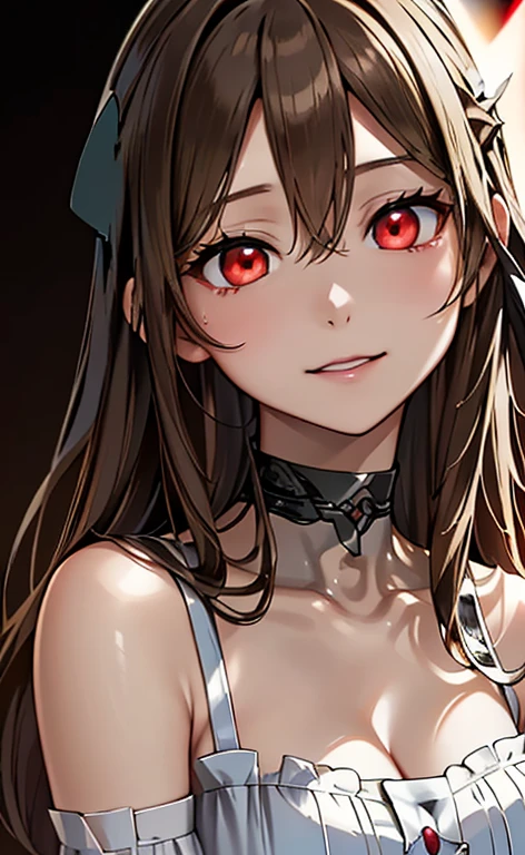 (Photorealistic:1.4)、(asuna,20-year-old:1.5),(masterpiece、lens flare:1.5、spot light:1.2、Exquisite beautiful eye:1.5,portlate),(kind eyes:1.2),(Demure:1.2)
、Cute Face、 3D Face、(brown hair:1.5)、(wavy hair:1.3),(1 woman)、(Red eyes:1.2)、(cowboy shot)、(clear face:1.5)、(head tilt) ,(Cute face:1.2),(flat chest),(),kind face,(white red lace frilled gothic lolita),(black background:1.5)、(glowing eyes:1.3)、()、 Neat and clean、Adorable、Slim Body(Tareme:1.5),Shiny Hair、(Glowing pink Skin)、Nijisketch,Manga,beautifuljapanesewoman
