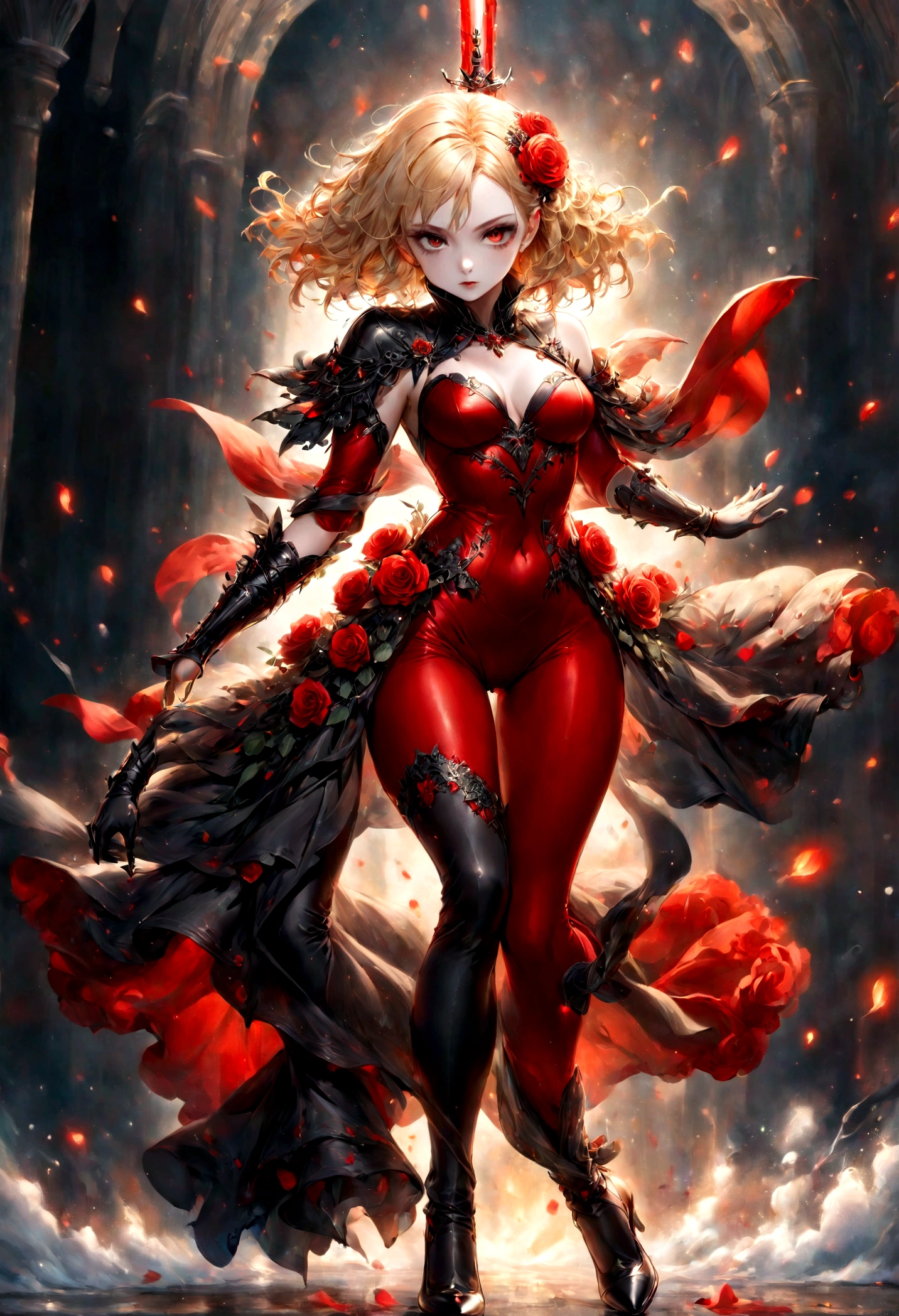 modisn disney, Arafed, action shot, Dark fantasy art, fantasy art, goth art, a picture of a female vampire, exquisite beauty, full body shot, dark glamour shot, pale white skin, blond hair, long hair, wavy hair, (glowing grey: 1.3) eyes, she wears a (red: 1.3) red thigh suit, ArmoredDress, she holds a sword in hand, (ready for battle: 1.4) , the roses are imprinted on the suit (black: 1.4) black roses, high heels, dark castle, dark, black and color, Dark Art Painting Style, flower dress, betmd