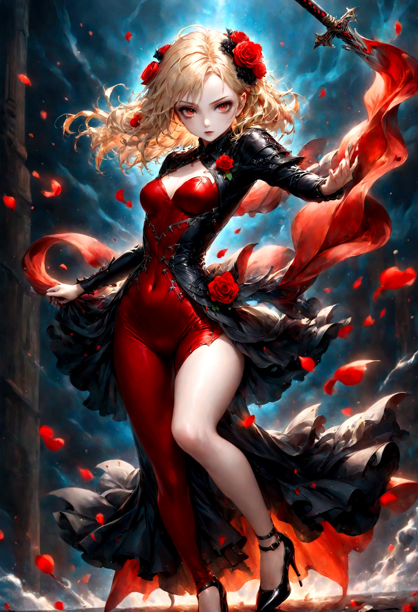 modisn disney, Arafed, action shot, Dark fantasy art, fantasy art, goth art, a picture of a female vampire, exquisite beauty, full body shot, dark glamour shot, pale white skin, blond hair, long hair, wavy hair, (glowing grey: 1.3) eyes, she wears a (red: 1.3) red thigh suit, ArmoredDress, she holds a sword in hand, (ready for battle: 1.4) , the roses are imprinted on the suit (black: 1.4) black roses, high heels, dark castle, dark, black and color, Dark Art Painting Style, flower dress, betmd