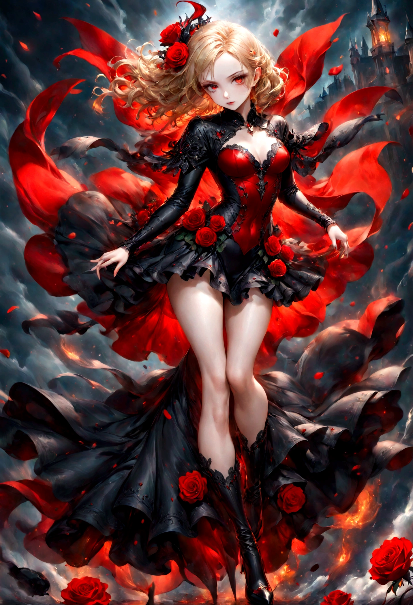 modisn disney, Arafed, action shot, Dark fantasy art, fantasy art, goth art, a picture of a female vampire, exquisite beauty, full body shot, dark glamour shot, pale white skin, blond hair, long hair, wavy hair, (glowing grey: 1.3) eyes, she wears a (red: 1.3) red thigh suit, ArmoredDress, she holds a sword in hand, (ready for battle: 1.4) , the roses are imprinted on the suit (black: 1.4) black roses, high heels, dark castle, dark, black and color, Dark Art Painting Style, flower dress, betmd