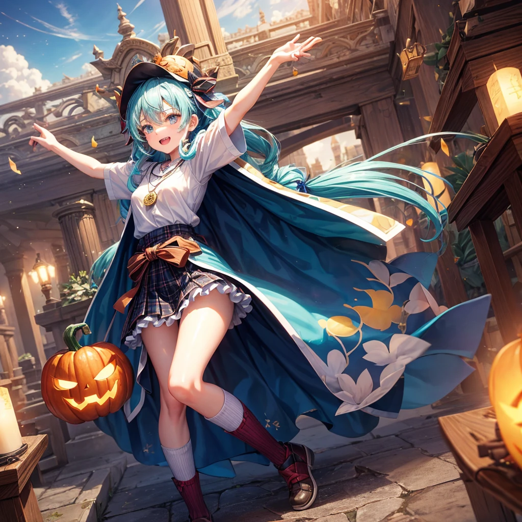 Aqua blue hair、Golden Eyes、Braid、One good looking girl、solo、anime、Checkered mini skirt、Ruffles on the skirt、Red T-shirt、Cape、Gothic、Black knee-high socks、bandana、Fluffy clothes、Wearing a ribbon、Ribbon on waist、Tilting face、Teeth are visible、Sunset sky、Piercing the clouds、Contrail、lotus leaves、Cumulonimbus、Pillar of Light、candle fire、Silver coin necklace、A world of light、Spreading his arms for balance、Pumpkin hat、shine、From above