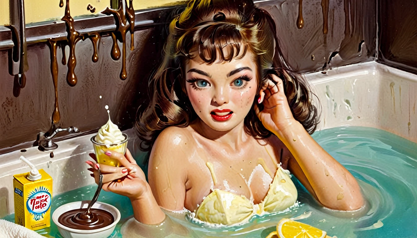 Cute dainty Japanese girl in bathroom, eating tapioca pudding, chocolate all over her fingers and face, lemonade on her legs and feet, sour cream on her face, chocolate pudding smeared on walls, old Japanese porn aesthetic, by Frank Frazetta, by Brian Bolland, by Jim Steranko, Euro-Fumetti style, 1960s retro aesthetic, vivid lurid technicolor tones, Lomography effect, Best Quality HD, 8x, intricately detailed, vintage erotic art style, vivid colors, crisp details of face, 35mm motion picture film, grainy damaged film, old analog film