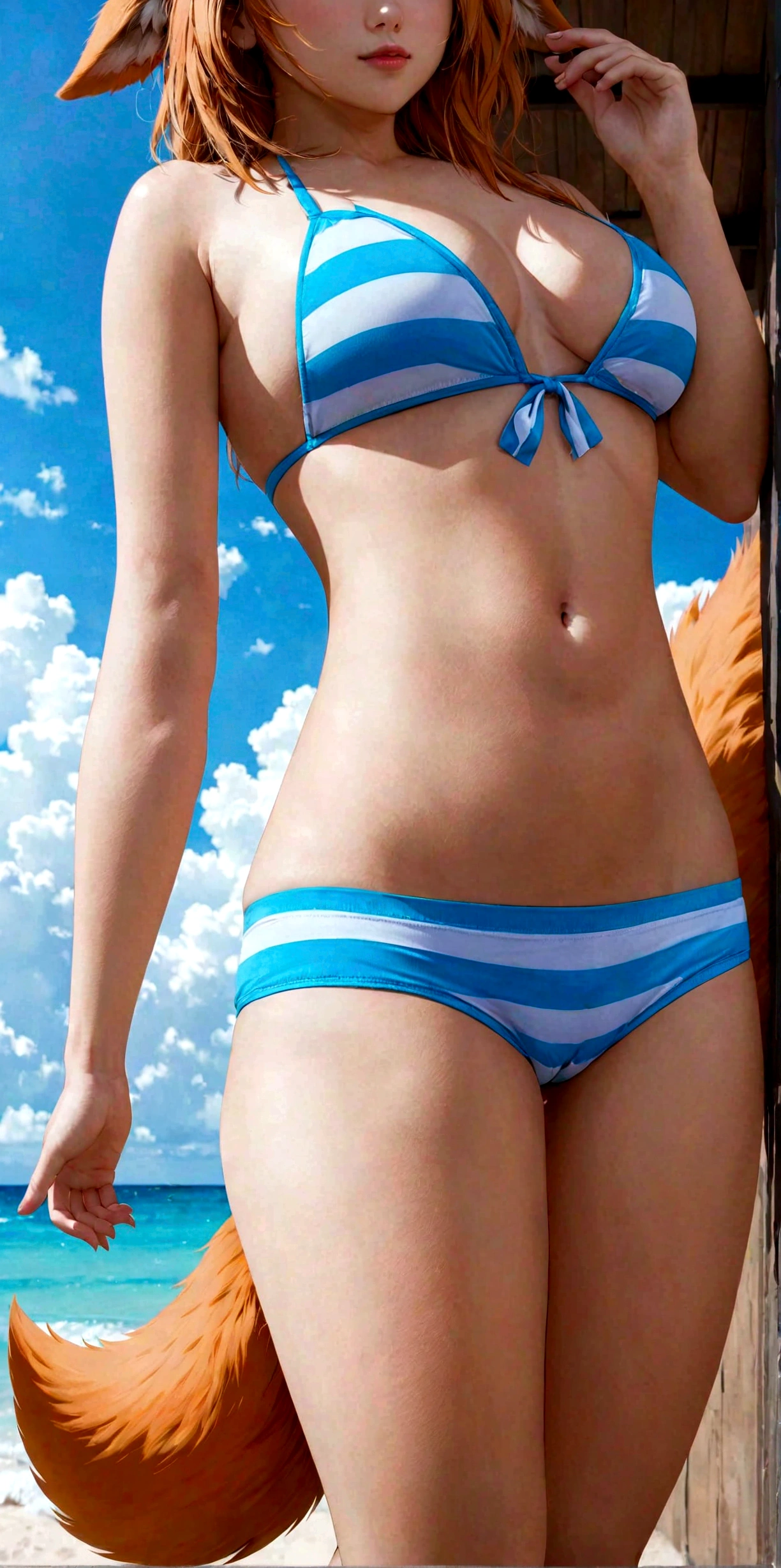 Little girl on top,Looking down,from below,White light panties,sitting on a swing,Crotch view,bottom angles,Mocking expressions,Smiling,White light bandeau,Large angle upward view
