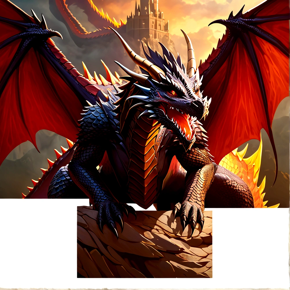 Close-up of a dragon with red wings and a black body, A drug, Dragon flying in the background, Set against the backdrop of a dragon, Dragon in the background, smaug, Dragon-centric, There is a huge dragon in the background, With wings. Extremely detailed, Full body dragon concept, Flying Dragon, Detailed dragon, Dragon Body, I just saw a huge dragon, Scarred Dragon