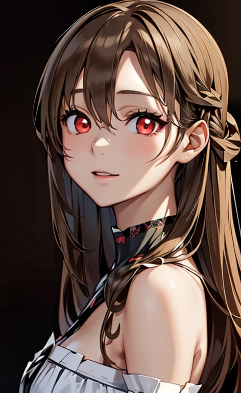 (Photorealistic:1.4)、(asuna,20-year-old:1.5),(masterpiece、lens flare:1.5、spot light:1.2、Exquisite beautiful eye:1.5,portlate),(kind eyes、tareme:1.2),(Demure:1.2)
、Cute Face、 3D Face、(light brown hair:1.5)、(wavy hair:1.3),(1 woman)、(Red eyes:1.2)、(upper body)、(dark persona:1.5)、(head tilt) ,(Cute face:1.2),(flat chest),(half closed eyes:1.2),kind face,(white red lace frilled gothic ta),(black background:1.5)、(glowing eyes:1.3)、()、 Neat and clean、Adorable、Slim Body(Tareme:1.5),Shiny Hair、(Glowing pink Skin)、Nijisketch,Manga,beautifuljapanesewoman