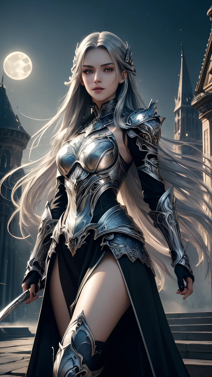 Masterpiece, Best Quality,(whole scenery in picture)((complete_body_shot))(( head to toe in frame)), frighting but awe inspiring night time with full moon scenery,1girl,fit,small breasts, gothic style, glowing eyes, pale light violet skin, a stunning young vampire girl with mindblowing face takes a nice pose and showing her sweet fangs keeping her fine crafted straight-sword in front of her krypta surrounded by dystopian cityscape. wearing a beautifully crafted blued with silver ornaments meager and form fitting plate armor with some free skin, extreme long silver hair, overknee armor heeled boots with buckles. (Masterpiece), (Best Quality), (ultra detailed), (most absurd), (highres), (official art:1.4), (illustration:1.4), (clear image:1.2),(delicate illustration: 1.2), 8k ,(detailed face:1.3), (highlights in eyes:1.3), (detailed silver long hair:1.3), (detailed skin:1.3), , perfect drawing lines.
