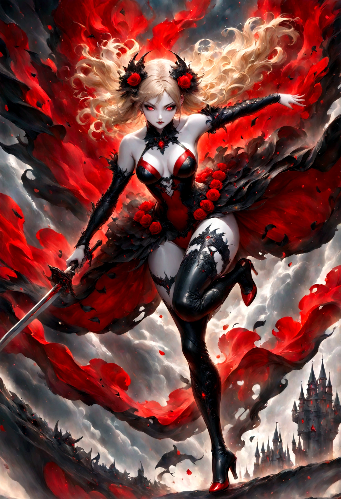 modisn disney, Arafed, action shot, Dark fantasy art, fantasy art, goth art, a picture of a female vampire, exquisite beauty, full body shot, dark glamour shot, pale white skin, blond hair, long hair, wavy hair, (glowing grey: 1.3) eyes, she wears a (red: 1.3) red thigh suit, ArmoredDress, she holds a sword in hand, (ready for battle: 1.4) , the roses are imprinted on the suit (black: 1.4) black roses, high heels, dark castle, dark, black and color, Dark Art Painting Style, flower dress, betmd