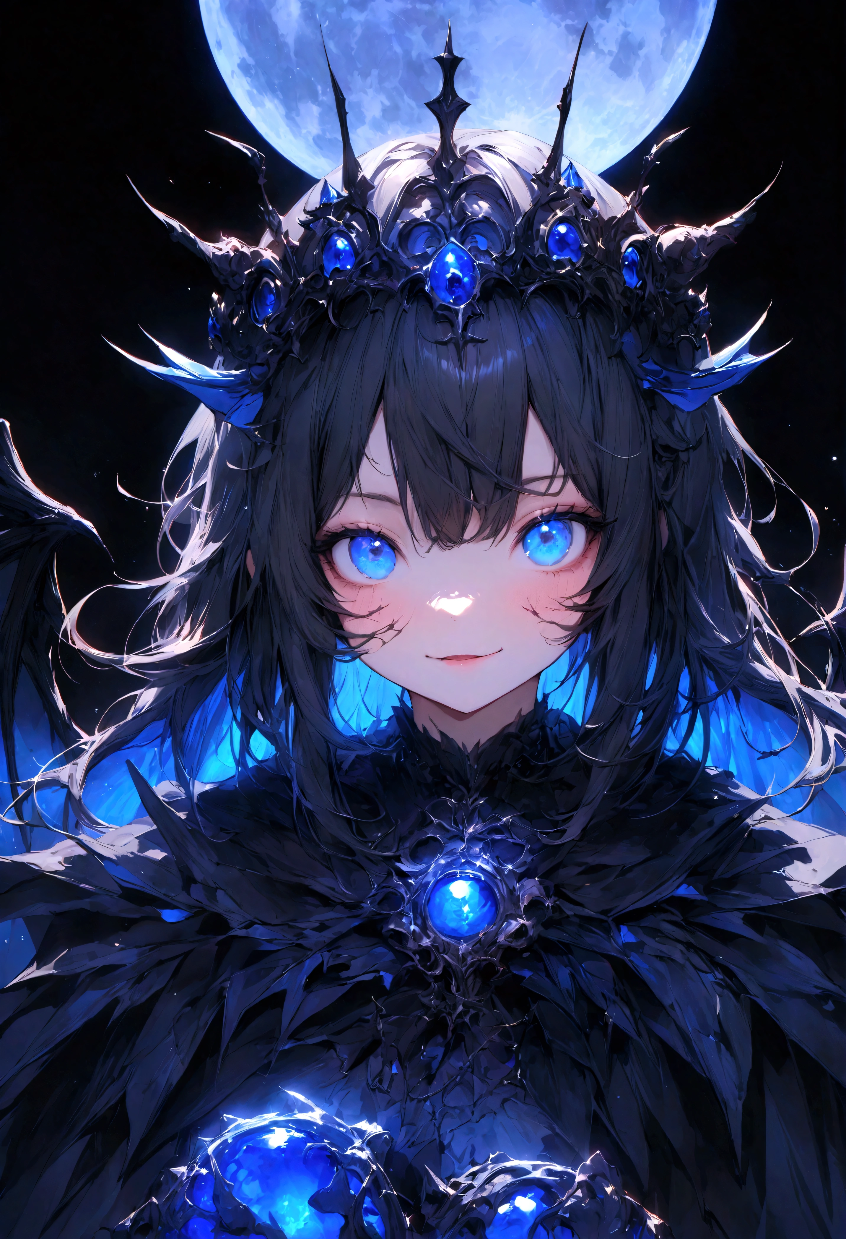 Cute black cat、Beautiful blue eyed cat、Black crown、Black and blue vampire wings、Glare、Rin々Funny face、beautiful、blue Moon、Lots of blue light、Fantasy black cat,Facial close-up enhancement,AmbiLight,The colors are vivid and bright,Black background,haze,Detailed depiction,Rich details,Explosion of imagination,Surreal,Ultra-realistic,masterpiece,8k,Light,Tyndall effect
