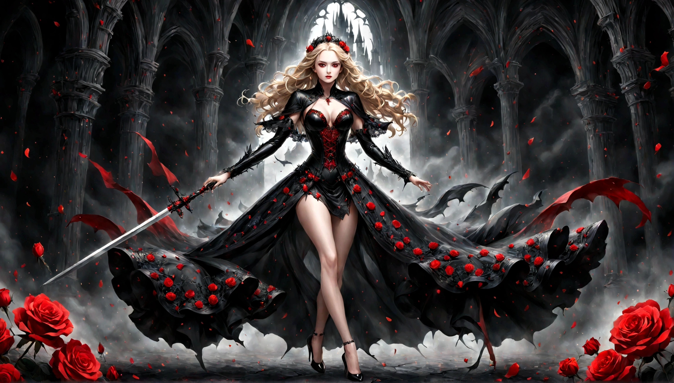 modisn disney, Arafed, action shot, Dark fantasy art, fantasy art, goth art, a picture of a female vampire, exquisite beauty, full body shot, dark glamour shot, pale white skin, blond hair, long hair, wavy hair, (glowing grey: 1.3) eyes, she wears a (red: 1.3) red thigh suit, ArmoredDress, she holds a sword in hand, (ready for battle: 1.4) , the roses are imprinted on the suit (black: 1.4) black roses, high heels, dark castle, dark, black and color, Dark Art Painting Style, flower dress, betmd