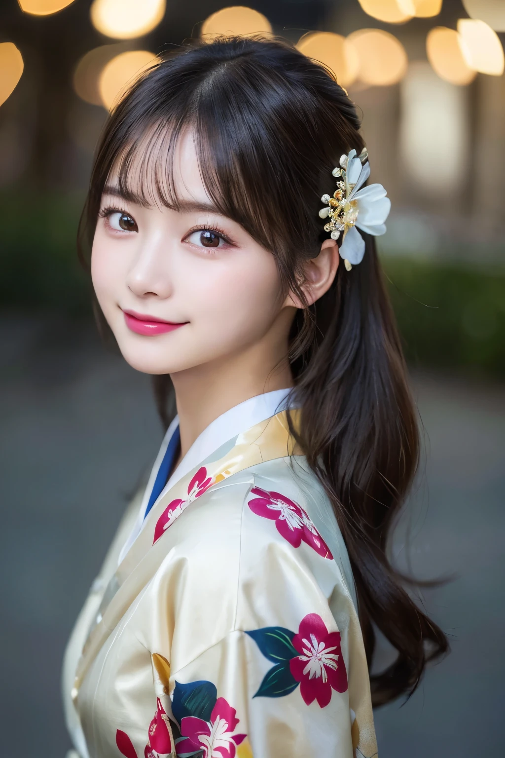（kimono）、(highest quality、8k、High resolution、masterpiece:1.2)、Very detailed、(Realistic、photoRealistic、photo-Realistic:1.3)、Bokeh、Portraiture、Smile、(Detailed eyes、beautiful girl、Young face、Detailed face、No makeup)、Slightly backlit、Professional Lighting、Caustics