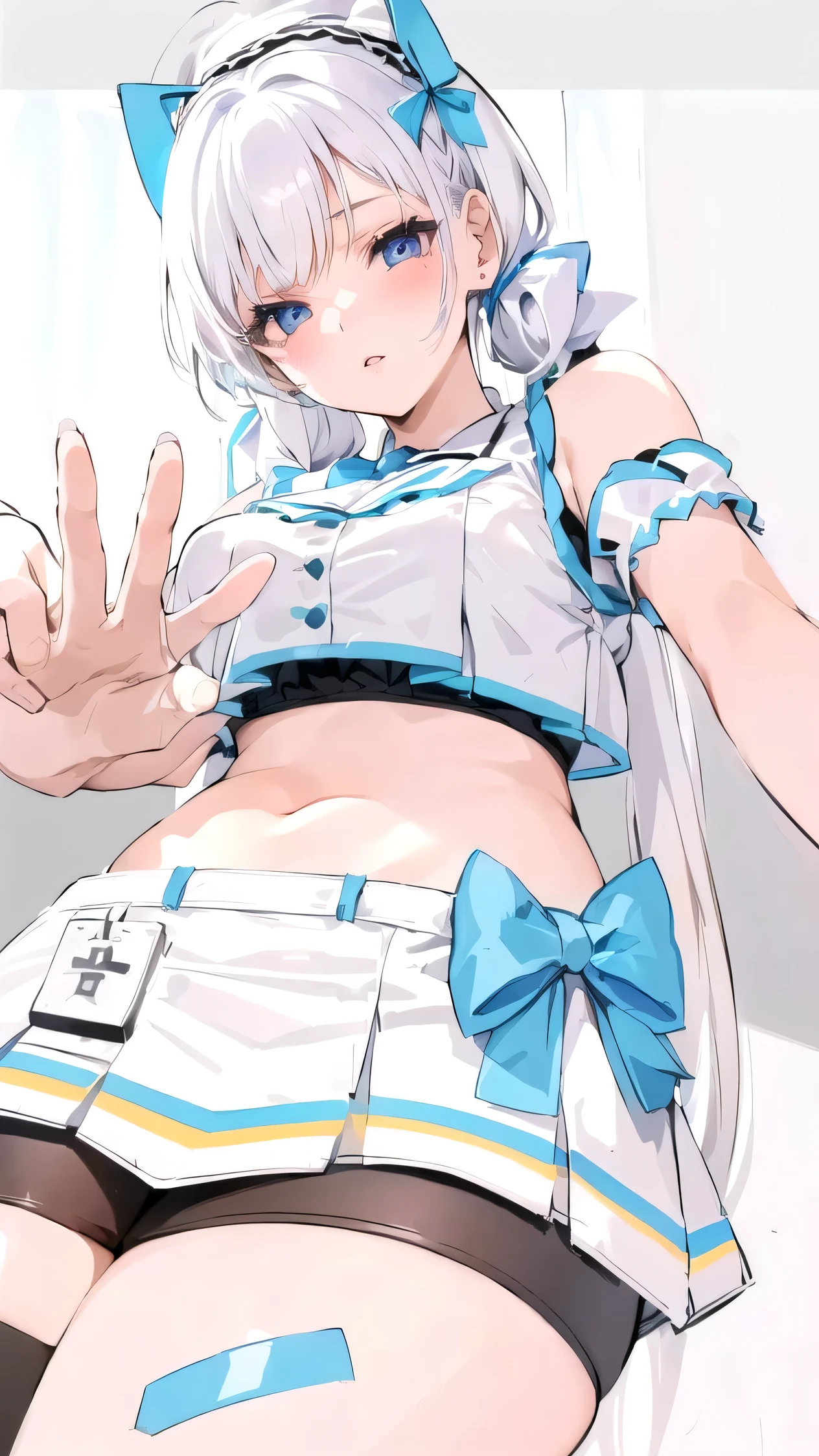 girl with white hair and blue bow in a short skirt, marin kitagawa fanart, rei hiroe, top rated on pixiv, twintails white_gloves, holding a pudica pose, popular on pixiv, white haired deity, mikudayo, shikamimi, perfect android girl, female character, character cute