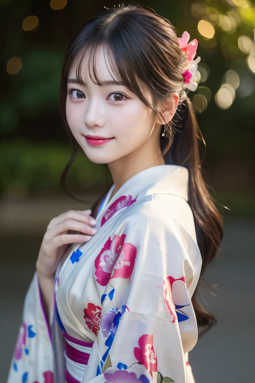 （kimono）、(highest quality、8k、High resolution、masterpiece:1.2)、Very detailed、(Realistic、photoRealistic、photo-Realistic:1.3)、Bokeh、Portraiture、(Natural and detailed eyes、beautiful girl、Young face、Detailed face、No makeup)、Backlight：1.4、Professional Lighting、smile