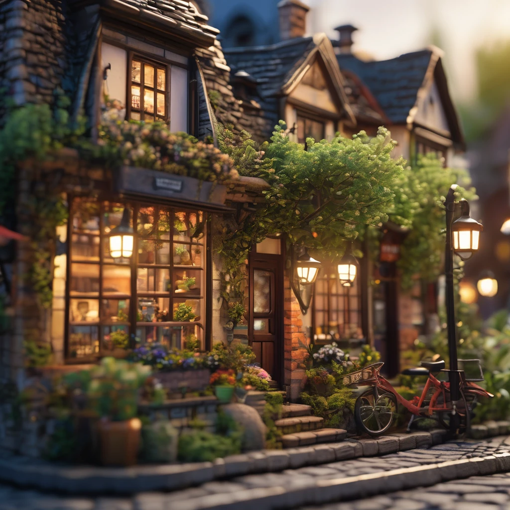 Miniature city、Exquisite miniature architecture、small house、Cobblestone Street、A quaint shop、Attractive street lights、Lush greenery、Overgrown Vines、(highest quality、8k、High resolution、masterpiece:1.2)、Super fine、(Real、Photorealistic、Photorealistic:1.37)、Exquisite lighting、Warm color palette、Soft Focus、Cinematic composition