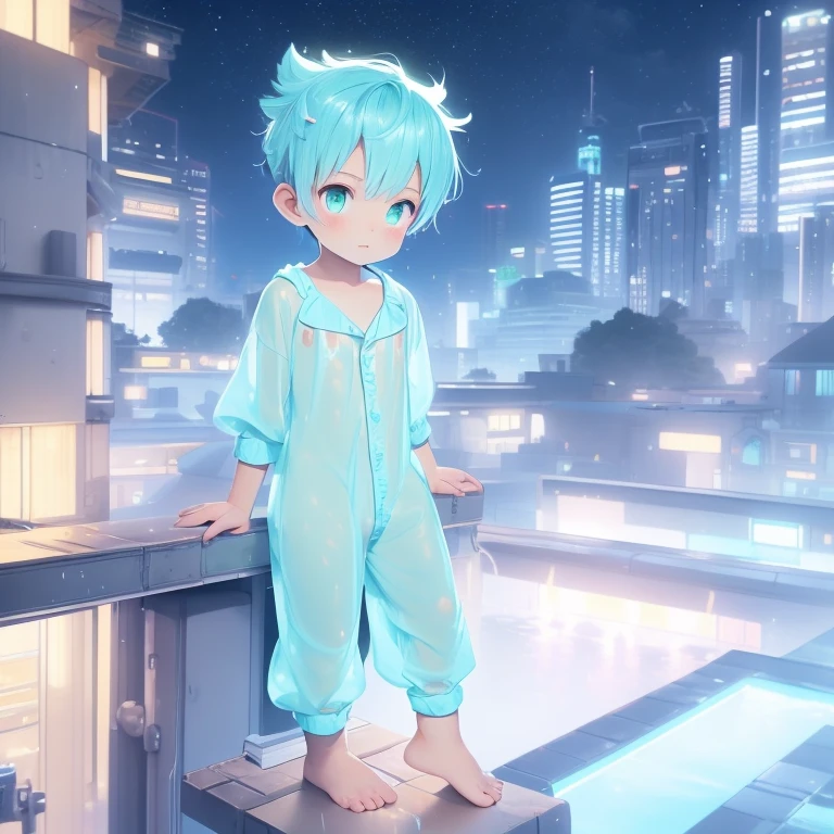 4K), boy with cyan hair and green eyes and barefoot and wet sweatpants and shirtless small tiny feet,, happy expression, He sits on a castle wall, und betet, thunder and rain, night, cloudy, Nebel Licht, Impressionismus, 2D, (Dornen: 1.1), (toter Baum: 1.1) Focused on feet, feet pose