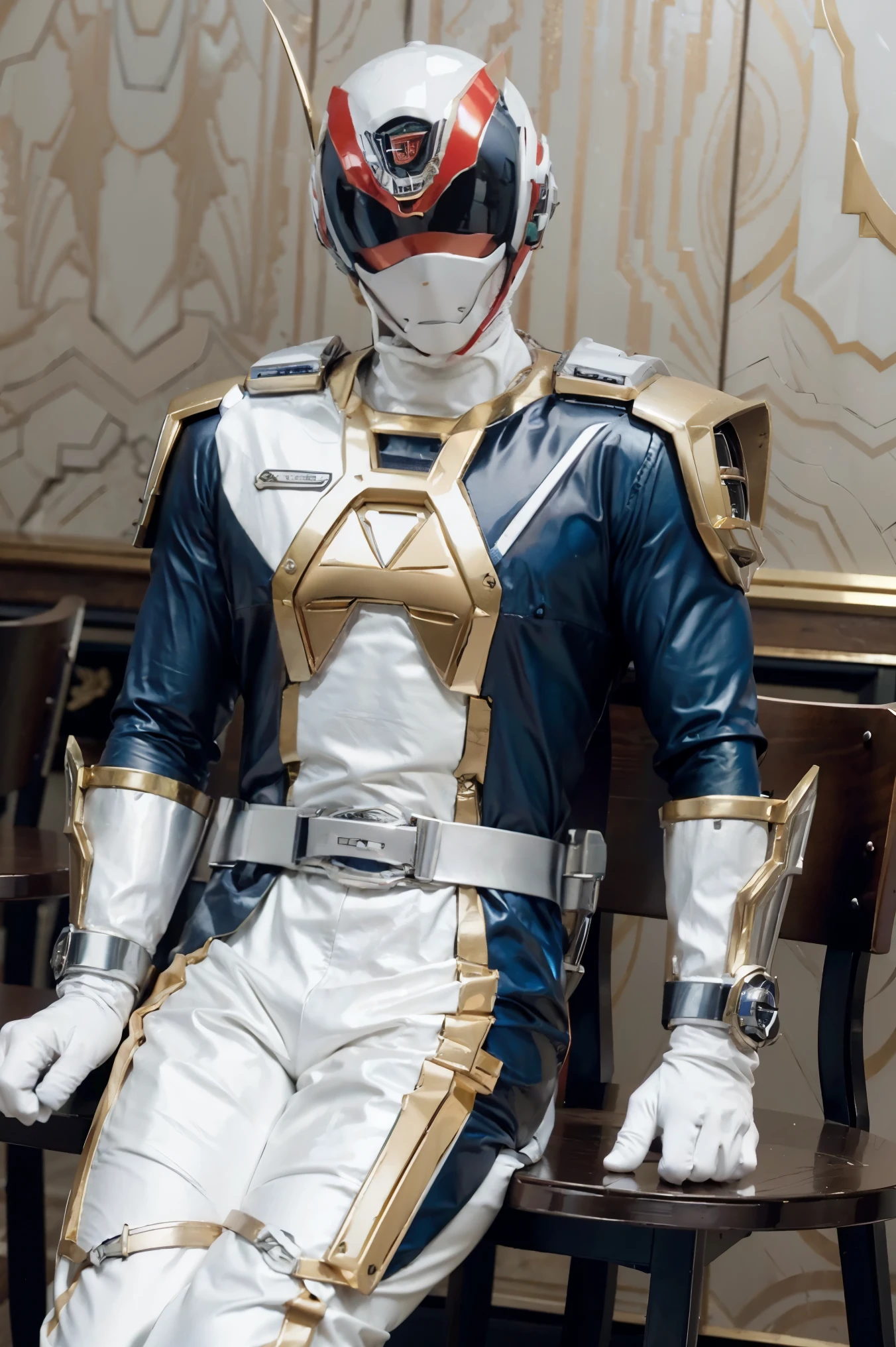 Fantasy background, cafe rpg style, empty chair, table, set of tea glass, (power rangers)), One guy、, ((white ranger suit)), red and blue chest armor with gold details, costume, Solo, ((fit figure)), (Anatomically correct), Cowboy shot, masked face, guns, muscular build