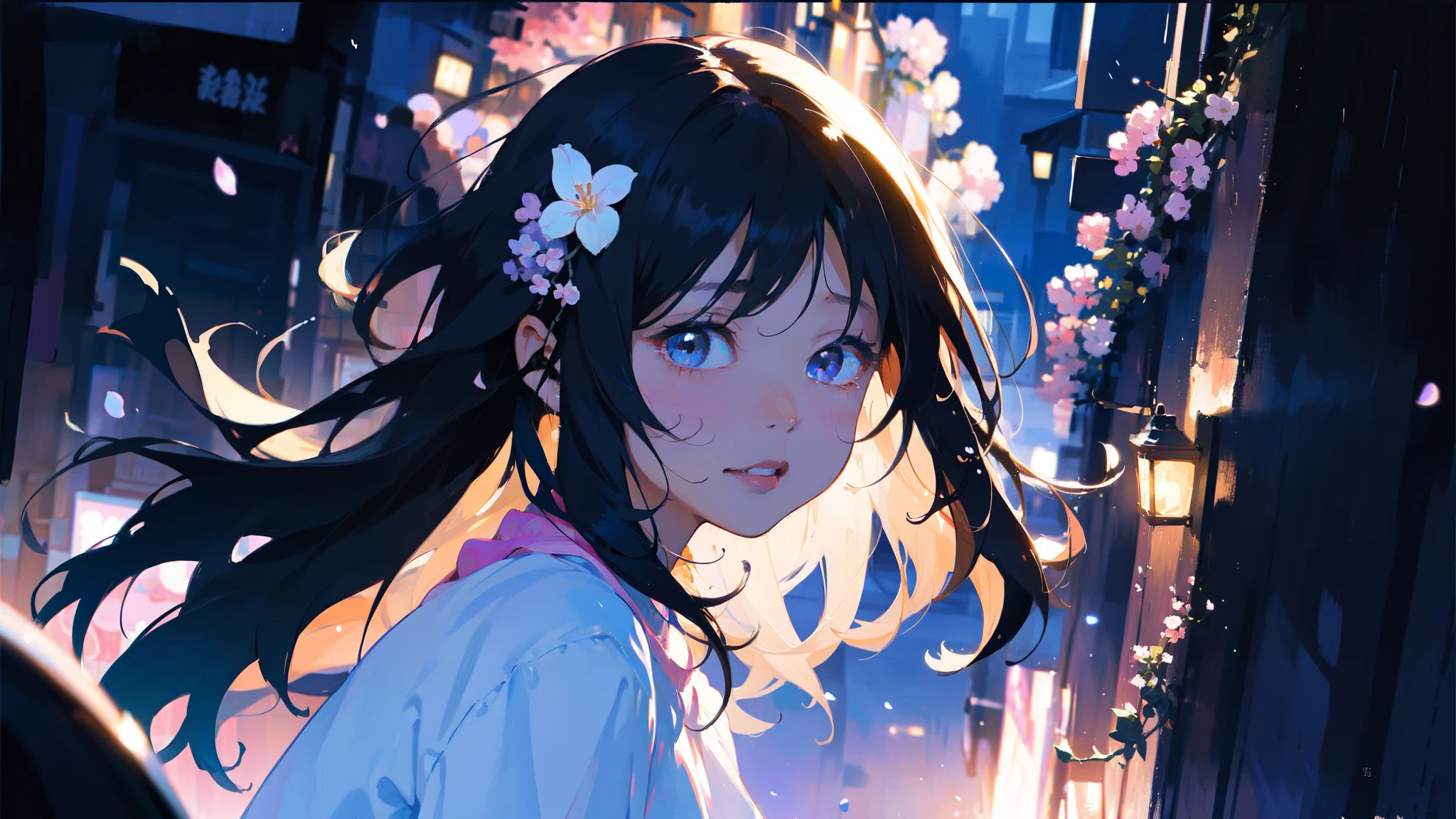 One Girl Experience a masterpiece, High-resolution art with vibrant splashes of color on a clean white background. A sweet girl with black hair and pink lips is in the foreground, Dark Blue Background Streetscape evening pale up Overall composition pull sad Lilac flowers tears cry