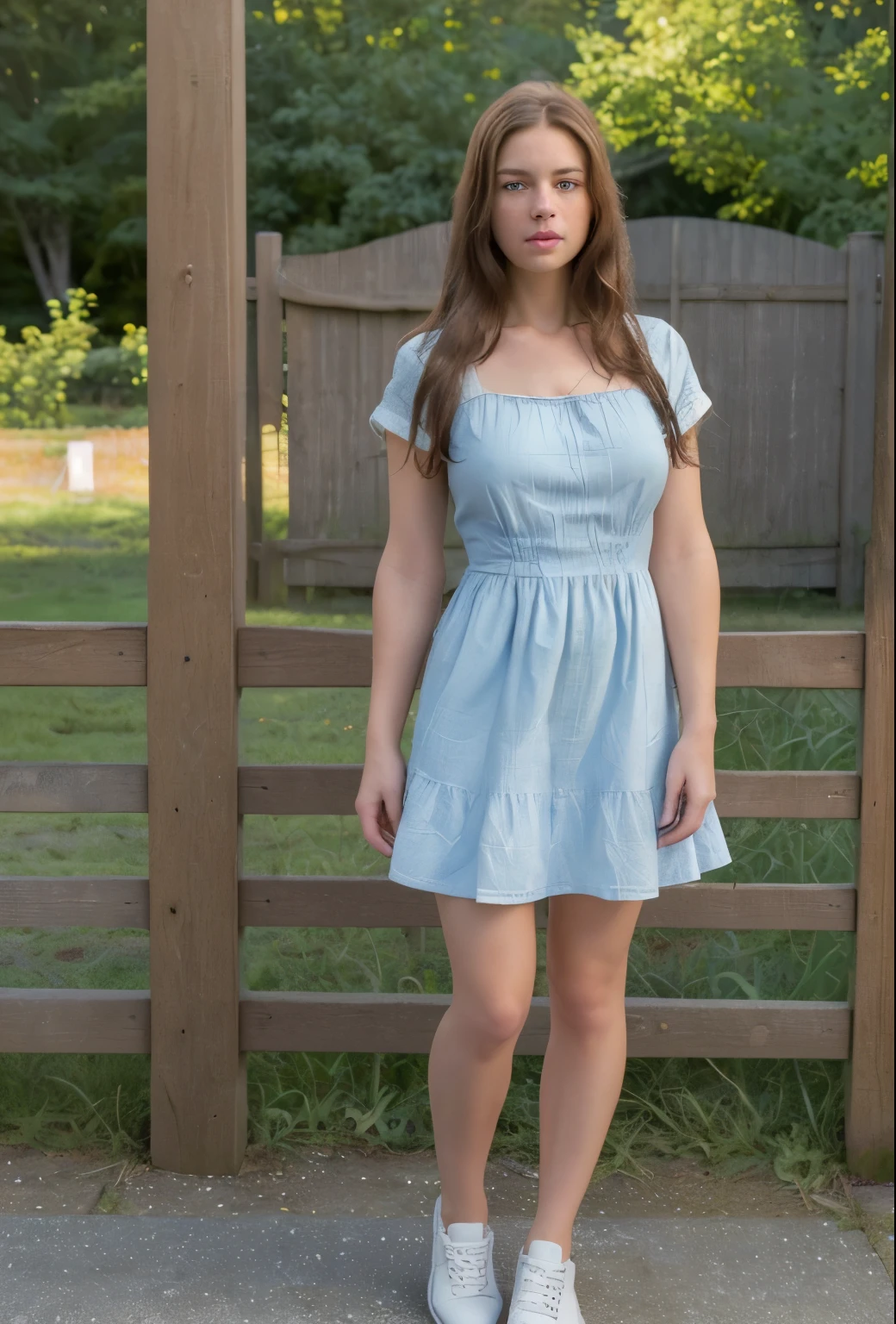 (best quality,10k,high res,masterpiece:1.2), ((ultra-detailed)), ((photo-realistic:1.37)), ((best quality)), ((masterpiece)), ((Photo-realistic)), (detailed), 25 years old woman, full body shot including her shoes, standing in front of a wooden fence, Physical Description: build, long wavy brown hair, expressive blue eyes. Dressed in a simple, short blue summer dress, white sneakers.