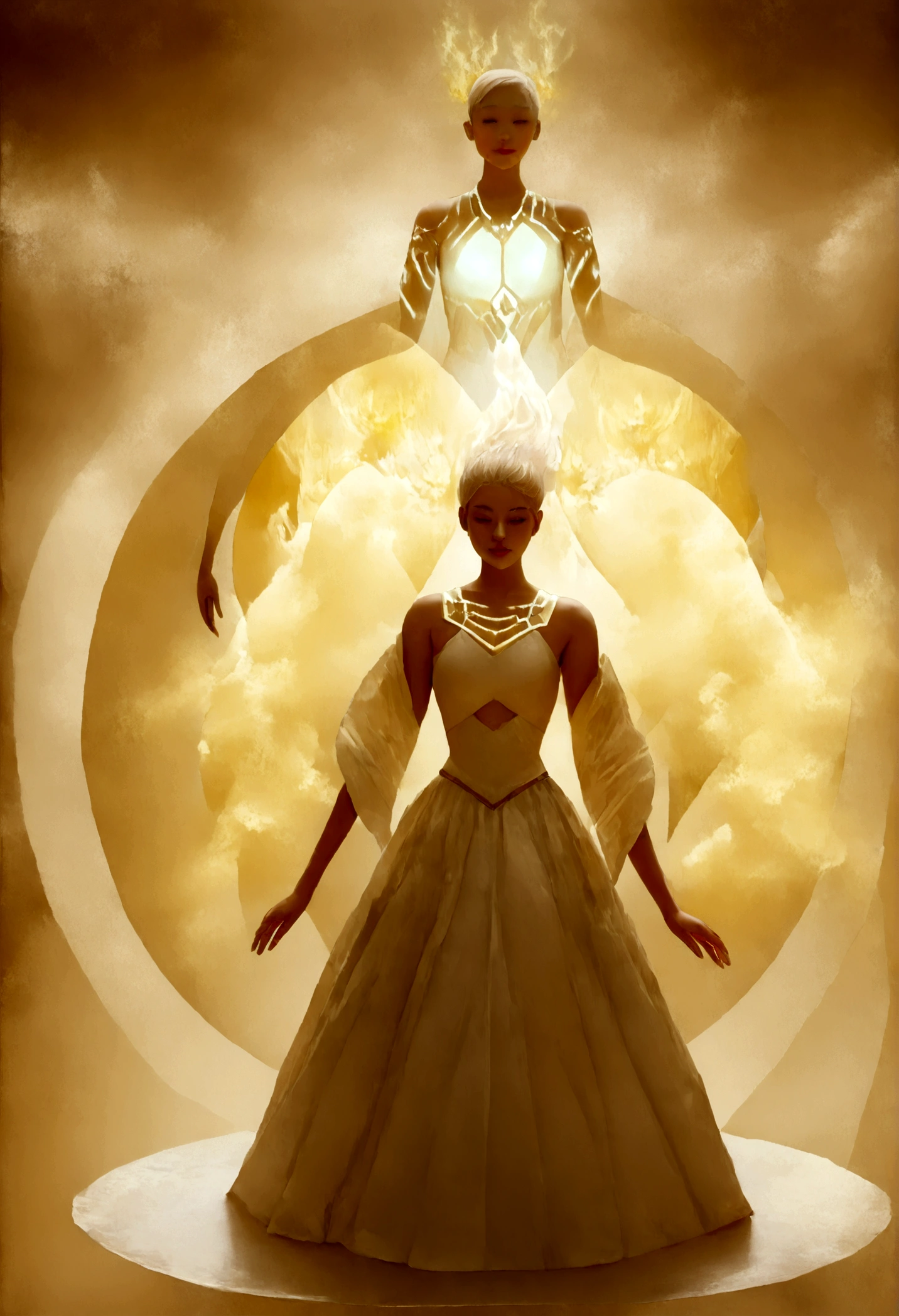 an image that presents three distinct elements representing different aspects of a being. To the left (a luminous, rotating shape with fiery, golden tones symbolizes the &#39;Spirit&#39;). No centro, (a silhouette that glows with a warm, ethereal light to represent the &#39;Perispirit&#39;, um espectro de luz). On the right (realistic human figure with neutral tones and detailed anatomy to signify the &#39;Physical Body&#39;). Each element has its own space, but also aligns in such a way that they can be layered on top of each other to form a coherent entity. (melhor qualidade,4k,8K,high resolution,Obra de arte:1.2),ultra-detalhado,(realista,photorealista,photo-realista:1.37)