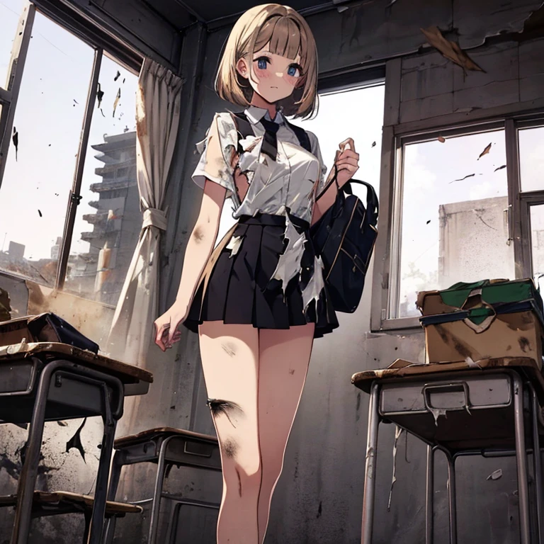 A group of female students, (in classroom), various hair styles, harem, post apocalyptic, details face, short skirt, seducing, school uniforms, dirty body, shattered glass, torn clothing