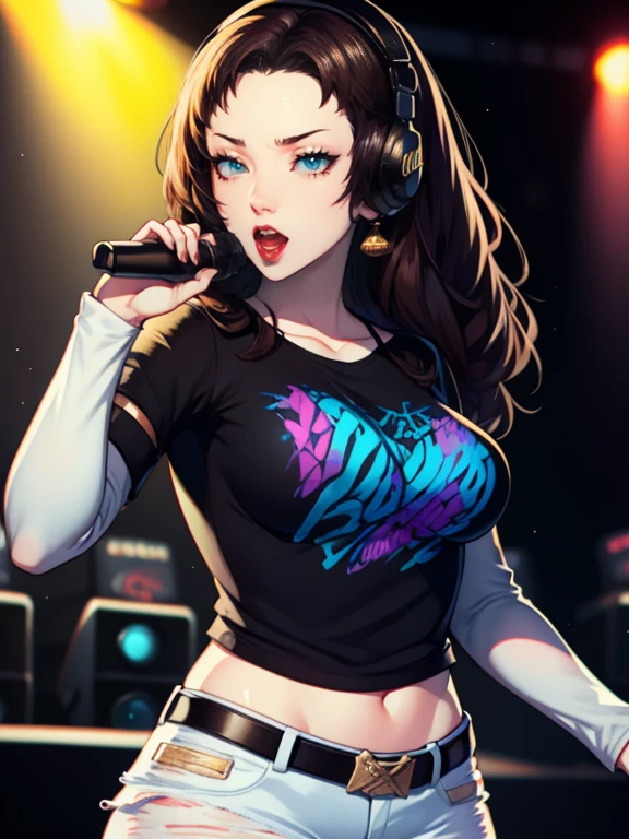 Ingrid,earrings ,lipstick, eye shadow, makeup, 1girl, solo, black t-shirt, white shirt, blue jeans, belt, lipstick, large breasts, layered sleeves, sexy pose, holding a micrphone, singing, stage background, headphones
