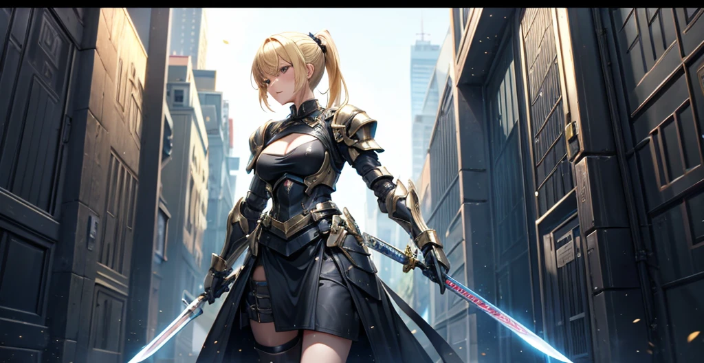 Blonde short ponytail adult woman cleavage,Black sci-fi armor,long skirt,,sword,maze
