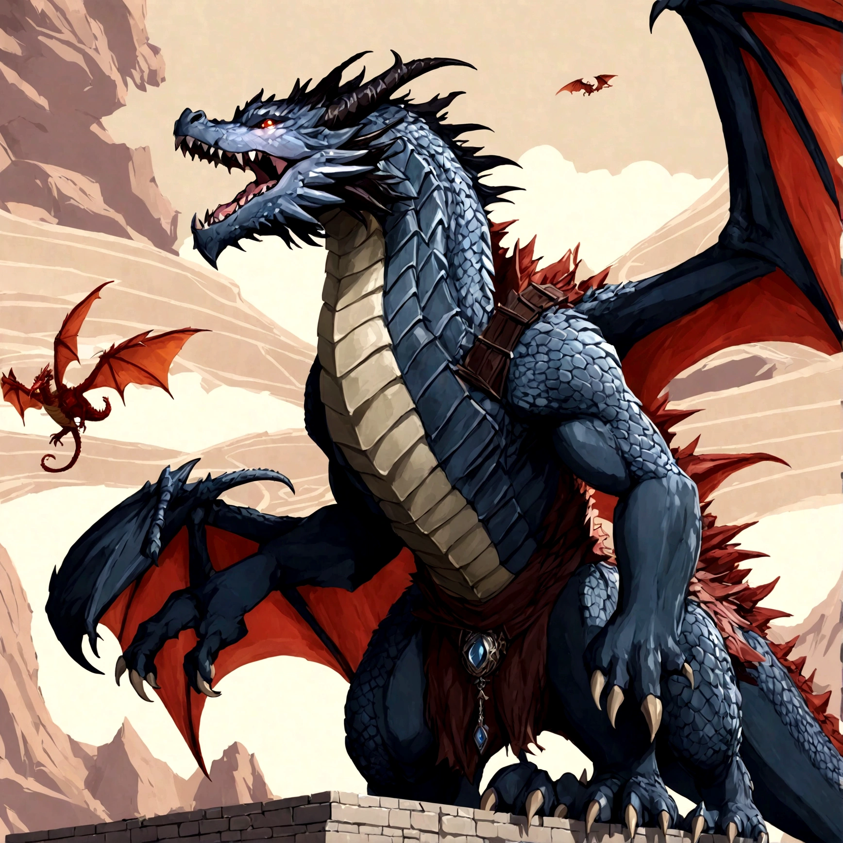 Close-up of a dragon with red wings and a black body, A drug, Dragon flying in the background, Set against the backdrop of a dragon, Dragon in the background, smaug, Dragon-centric, There is a huge dragon in the background, With wings. Extremely detailed, Full body dragon concept, Flying Dragon, Detailed dragon, Dragon Body, I just saw a huge dragon, Scarred Dragon