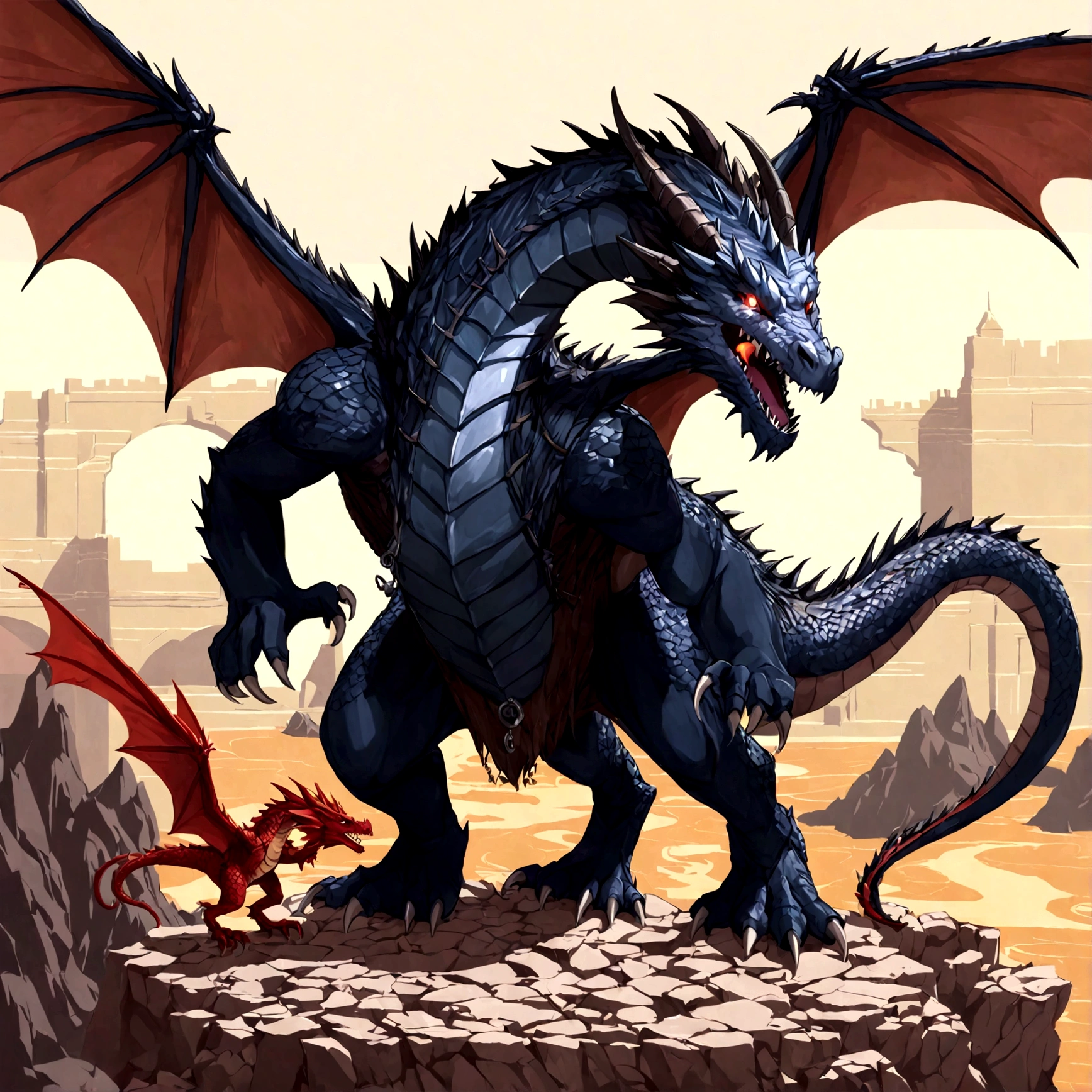 Close-up of a dragon with red wings and a black body, A drug, Dragon flying in the background, Set against the backdrop of a dragon, Dragon in the background, smaug, Dragon-centric, There is a huge dragon in the background, With wings. Extremely detailed, Full body dragon concept, Flying Dragon, Detailed dragon, Dragon Body, I just saw a huge dragon, Scarred Dragon