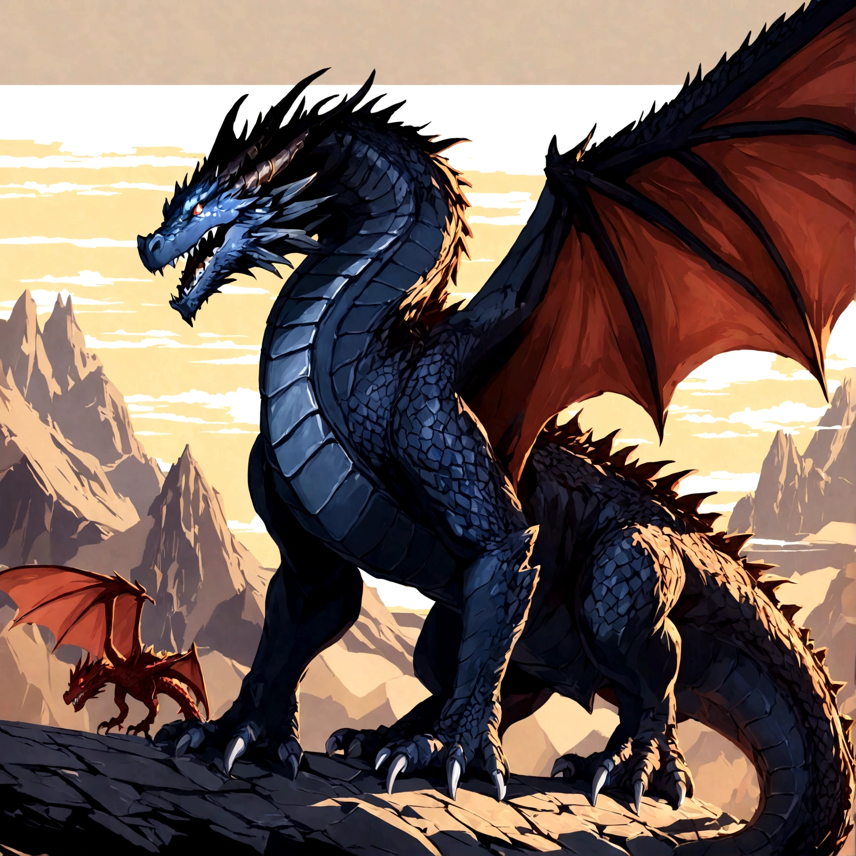 Close-up of a dragon with red wings and a black body, A drug, Dragon flying in the background, Set against the backdrop of a dragon, Dragon in the background, smaug, Dragon-centric, There is a huge dragon in the background, With wings. Extremely detailed, Full body dragon concept, Flying Dragon, Detailed dragon, Dragon Body, I just saw a huge dragon, Scarred Dragon