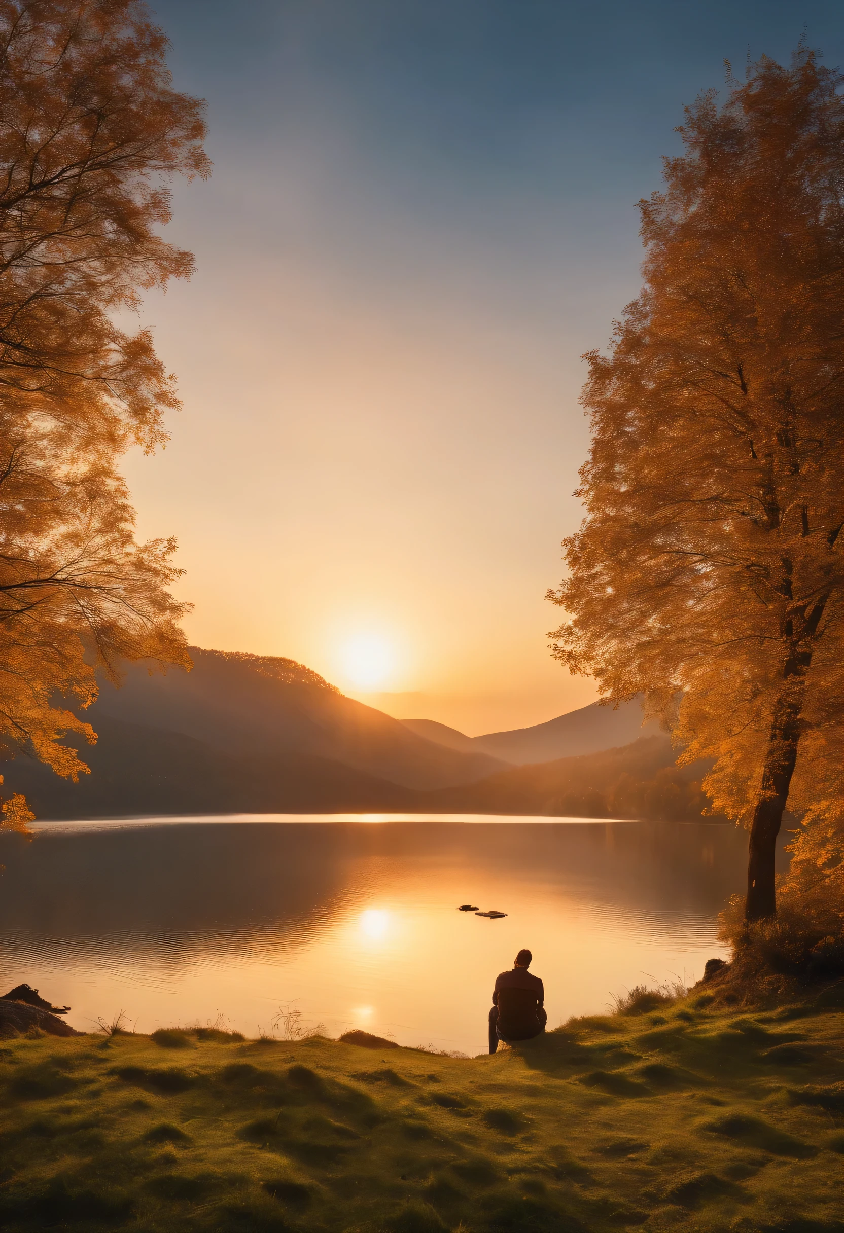 High resolution (8K).
Beautiful sunset landscape.
Traveler on the mountain top.
Get along with nature.
A man having an in-depth conversation with a local.
reflections in the lake.
The light shines through the trees.
Natural light.
Fully immerse yourself in the moment.