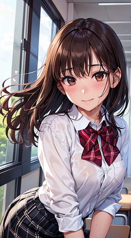 ((Tabletop, highest quality, High resolution, Hmph, Pixel Perfect, 4K, Hmph, Hmph))), One Girl, single, alone, beauty、The whole body is visible、 ((Mid-wave hair, bangs, Brown Hair)), ((Brown eyes, Beautiful eyelashes, Realistic eyes)), ((Detailed face, Blushing:1.2)), ((Smooth texture:0.75, Realistic texture:0.65, Realistic:1.1, Anime CG Style)), Mid-chest, Dynamic Angle, Perfect body, ((Red bow tie, , , White shirt, Black plaid skirt)), classroom、Looking up from below、Very embarrassing panic smile, 、、(The wind flipped up her skirt, Exposing your buttocks....................、Flip up your skirt with both hands、Her white and pink floral lace panties are completely visible)、My whole body is wet