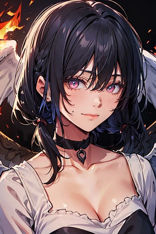 One girl, Hello, sketch, Halftone,((short hair)), Blue Hair, choker, (((Angel Wings))), Depth of written boundary, (masterpiece, highest quality), Intricate details, thin, ((slim)), beautiful girl, Perfect Face, Expressive eyes, Twin tails, White skin, Red eyes, Sharp jawline, Messy Hair, Fuller lips, Upper Body, smile, Mouth closed,はにかんだsmile, Fire Background, Red background, Burning Background, Background to the destruction, (Background to the End), (((Negative atmosphere background))), Background of the Vanished World