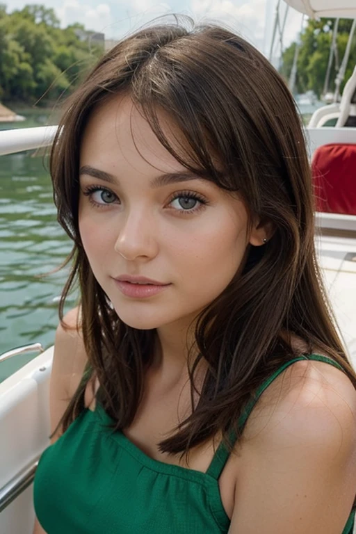 Fille brune jolie au yeux vert brune sur un bateau
