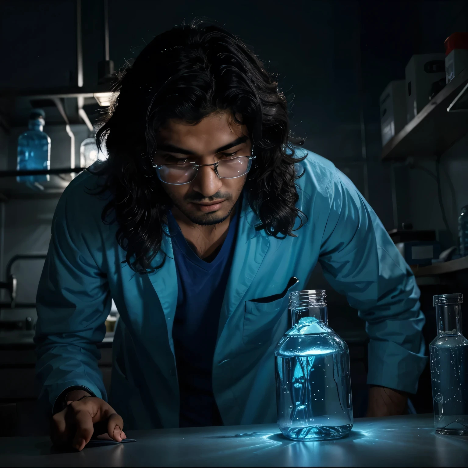 20 year old pakistani man in a labaratory setting, wavy hair, wearing blue lab coat, looking through a scientific microscope, glowing fluorescent water vials all around, he is closely examining a jar of water that is also glowing. The lighting is dramatic, highlighting the person.