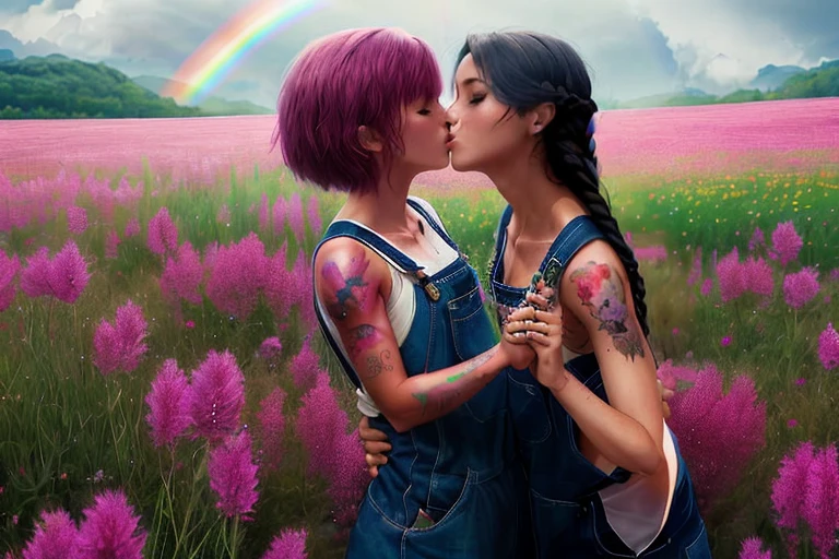 two women kissing in a field of flowers with a rainbow in the background, lesbian art, alena aenami and lilia alvarado, lgbt art, beeple and jeremiah ketner, anato finnstark and alena aenami, artwork in the style of guweiz, alena aenami and android jones, lesbian embrace, lesbian kiss