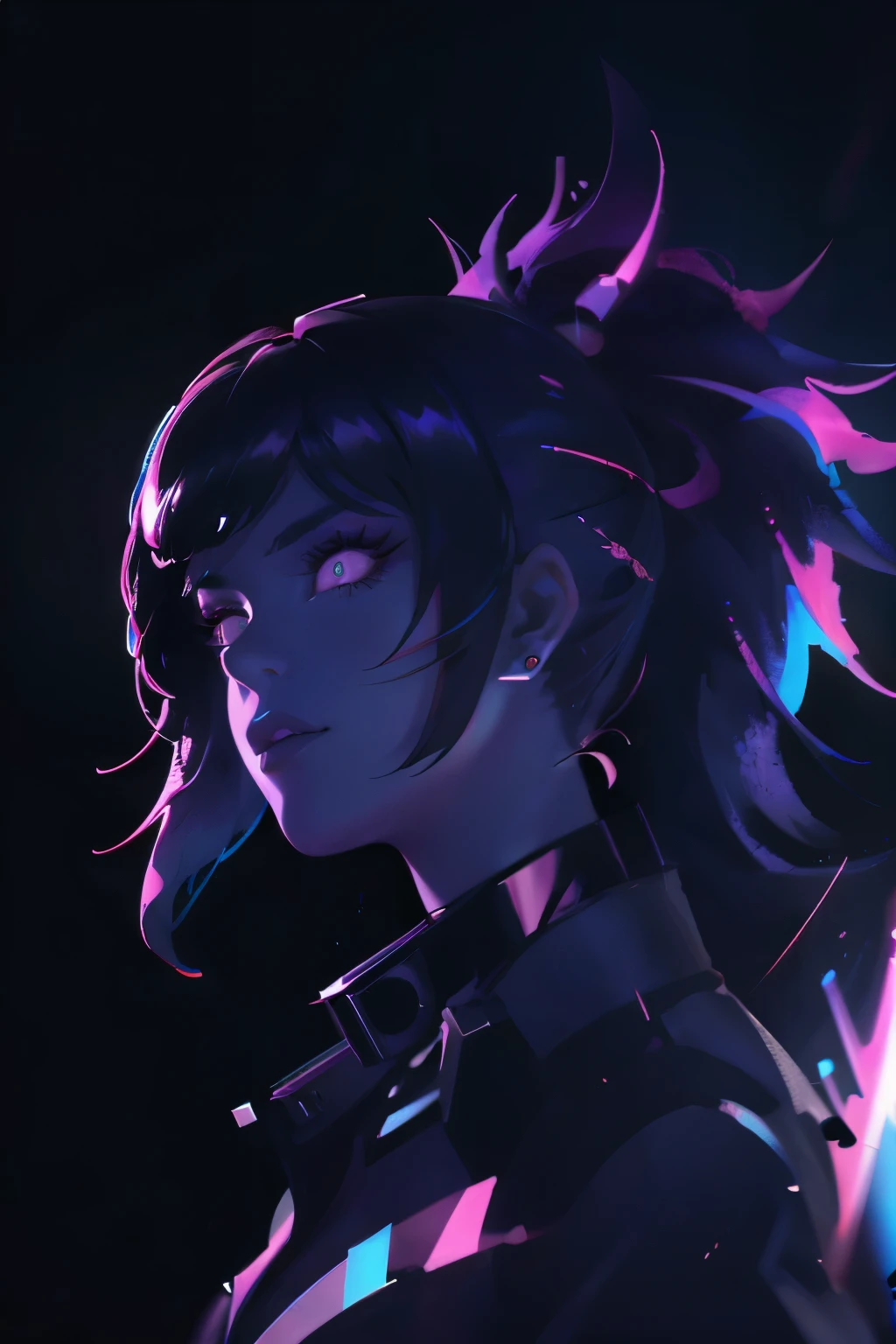 incredible detailed anime k-pop girl with spiky ponytail, beautiful detailed eyes, beautiful detailed lips, extremely detailed face, long eyelashes, dynamic pose, dramatic lighting, neon backlit, dark moody atmosphere, chiaroscuro lighting, moody colors, vibrant neon colors, cyberpunk aesthetic, 8k, high quality, hyper detailed, photorealistic, masterpiece