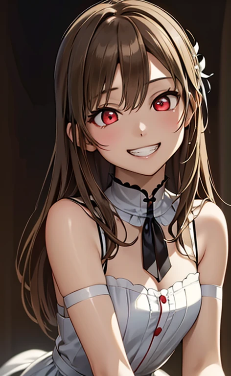(Photorealistic:1.4)、(asuna,20-year-old:1.5),(masterpiece、lens flare:1.5、spot light:1.2、Exquisite beautiful eye:1.5,portlate),(kind eyes、tareme:1.2),(Demure:1.2)
、Cute Face、 3D Face、(light brown hair:1.5)、(straight hair:1.3),(1 woman)、(Red eyes:1.2)、(upper body:1.5))、(grin:1.5)、(head tilt) ,(Cute face:1.2),(flat chest),(half closed eyes:1.2),kind face,(neck holder white red lace frilled gothic lolita dress),(black background:1.5)、(glowing eyes:1.3)、()、 Neat and clean、Adorable、Slim Body(Tareme:1.5),Shiny Hair、(Glowing pink Skin)、Nijisketch,Manga,beautifuljapanesewoman