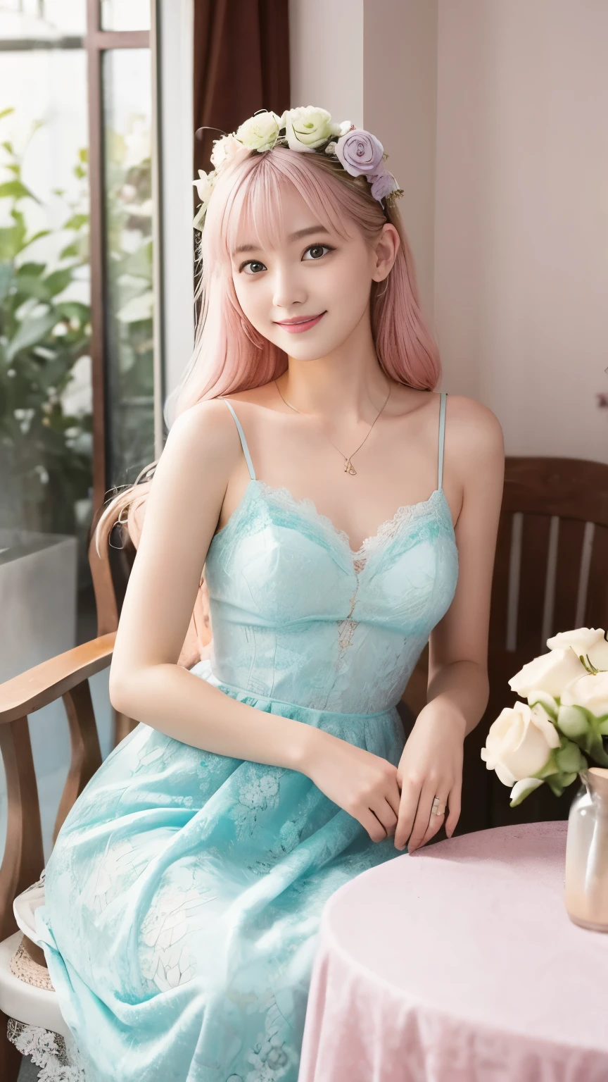Pastel pink blooms all over the room、Pastel Blue、Pastel Yellow Roses。Among them、A woman in her early twenties wearing a long lace dress、I'm looking at you.。She appears to be smiling、It's like there's something hidden in your eyes、It exudes a mysterious atmosphere。The dress is、Made of soft chiffon material、Translucent、The lines of your body are slightly visible。The room has a large window.、The light coming from there、Women and flowers々Gently illuminating。Overall light in color、Soft and fluffy、In a dream-like atmosphere。