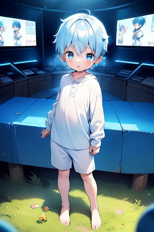 4K, (masterpiece:1),  boys with blue colored hair and shiny, Glowing cyan eyes and bare feet, Stand on the field, epic, cinematic, young, boys, , small, toddle tiny foot, focus on foot, foot, blush, (young:1.4), (child:1.4), (Shota:1.4), (male:1.4), (boys:1.4), (Divine clothing:1.4), (epic:1.4), (pose:1.4), (cinematic:1.4),