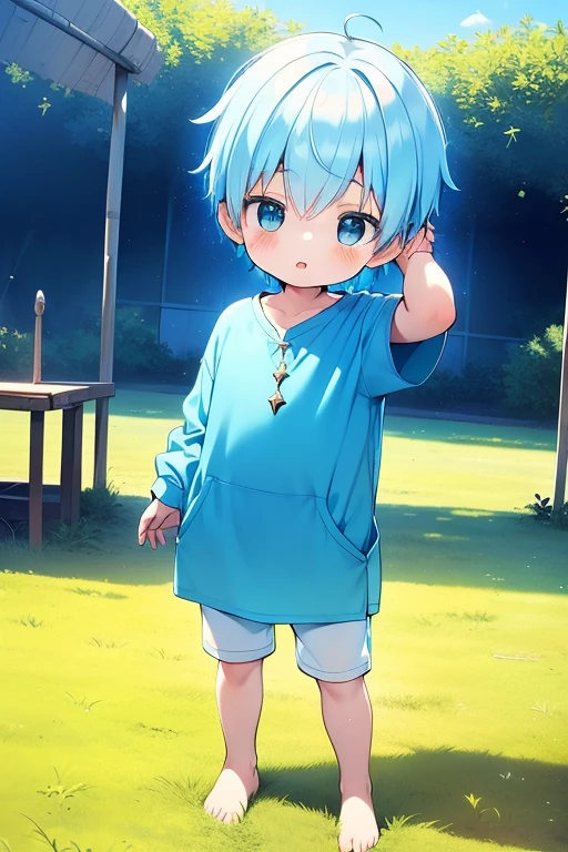 4K, (masterpiece:1), boys with blue colored hair and shiny, Glowing cyan eyes and bare feet, Stand on the field, epic, cinematic, young, boys, , small, toddle tiny foot, focus on foot, foot, blush, (young:1.4), (child:1.4), (Shota:1.4), (male:1.4), (boys:1.4), (Divine clothing:1.4), (epic:1.4), (pose:1.4), (cinematic:1.4),