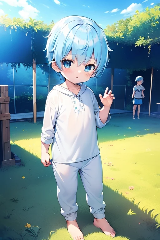 4K, (masterpiece:1), s with blue colored hair and shiny, Glowing cyan eyes and bare feet, Stand on the field, epic, cinematic, young, boys, , small, toddler, tiny foot, focus on foot, foot, blush, (young:1.4), (child:1.4), (Shota:1.4), (male:1.4), (boys:1.4), (Divine clothing:1.4), (epic:1.4), (pose:1.4), (cinematic:1.4),