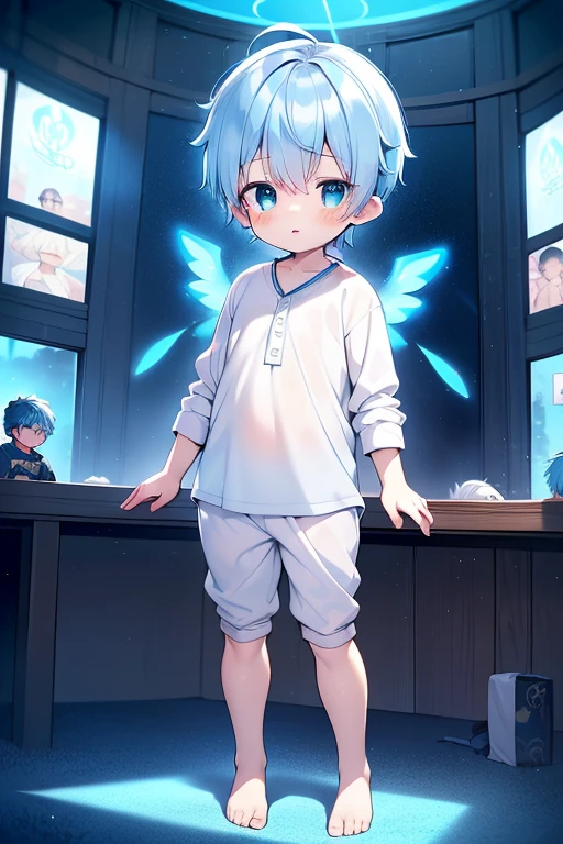 4K, (masterpiece:1), boys with blue colored hair and shiny, Glowing cyan eyes and bare feet, Stand on the field, epic, cinematic, young, boys, , small, toddle tiny foot, focus on foot, foot, blush, (young:1.4), (child:1.4), (Shota:1.4), (male:1.4), (boys:1.4), (Divine clothing:1.4), (epic:1.4), (pose:1.4), (cinematic:1.4),