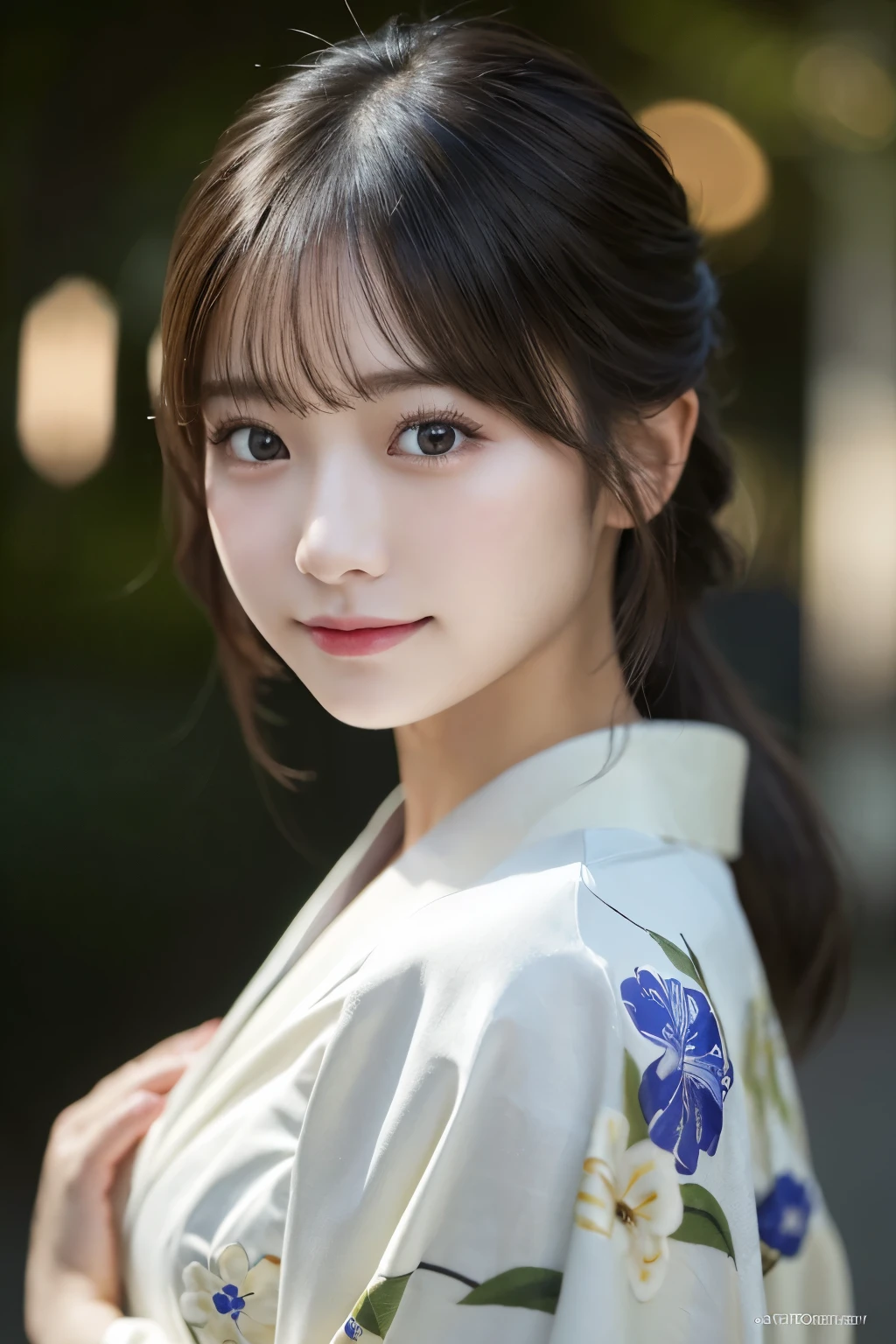 (kimono)、(highest quality、8k、High resolution、masterpiece:1.2)、Very detailed、(Realistic、photoRealistic、photo-Realistic:1.3)、Bokeh、Portraiture、smile、(Beautiful and detailed eyes、Young face、Detailed face、No makeup)、A little backlight、Depth of written boundary、chromatic aberration、Use natural light and color、Wide range of lighting、Natural Shading、Caustics