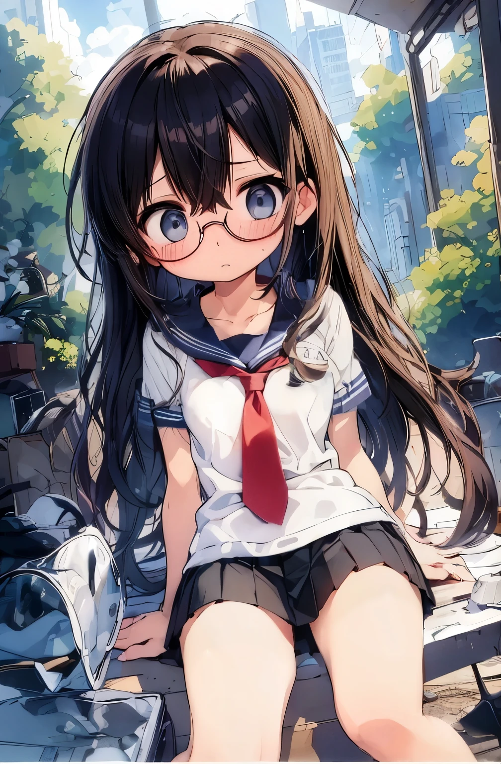 (NSFW: 1.3), (masterpiece, highest quality, High resolution, realistic pictures, realistic skin, fine skin), (1 girl, alone), (japanese model, japanese girl), Glasses, short twin tails, (summer clothes, white Y-shirt: 1.1), (dark blue skirt, pleated skirt: 1.1), (open your arms,Don&#39;I don't have anything in my hands,The wind is blowing, wind lift, The wind blows up my skirt, A skirt that flips up in the wind, The skirt is fluttering: 1.3), dark blue socks, black loafers, (panties fully exposed: 1.4), white ribbed panties: 1.5, blush, embarrassing