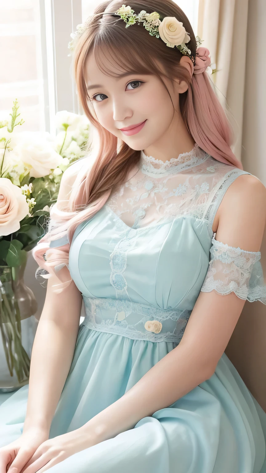 Pastel pink blooms all over the room、Pastel Blue、Pastel Yellow Roses。Among them、A woman in her early twenties wearing a long lace dress、I'm looking at you.。She appears to be smiling、It&#39;s like there&#39;s something hidden in your eyes、It exudes a mysterious atmosphere。The dress is、Made of soft chiffon material、Translucent、The lines of your body are slightly visible。The room has a large window.、The light coming from there、Women and flowers々Gently illuminating。Overall light in color、Soft and fluffy、In a dream-like atmosphere。