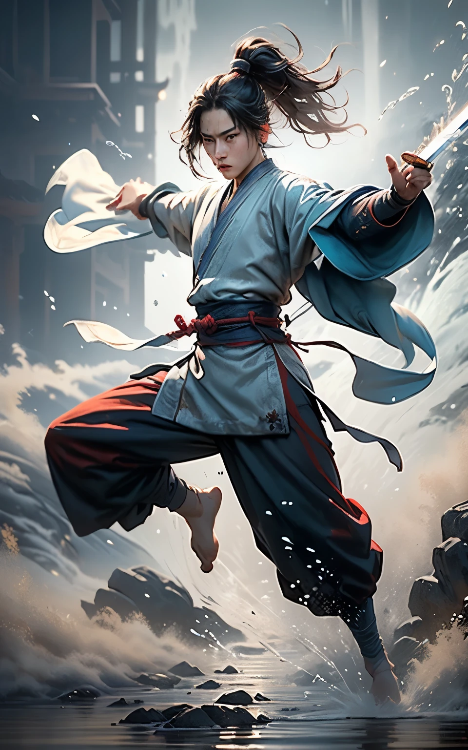 Martial Arts, 1 Boy, Solitary, Simple background, Jump with arms stretched out(Red Hanfu:1.4)(Chinese Sword, Holding a sword:1.2) Expressive style, Chinese Martial Arts arts war scenes, Chinese ink painting style, Martial Arts arts style, Long sleeves with delicate face, Chinese clothes, (Luminescence:1.4), splash, Fighting Stance,, Chinese calligraphy, Ink Painting, figure, calligraphy figure, Text Background(whole body:1.2), (Real water realistic water flowing water:1.1)ripple