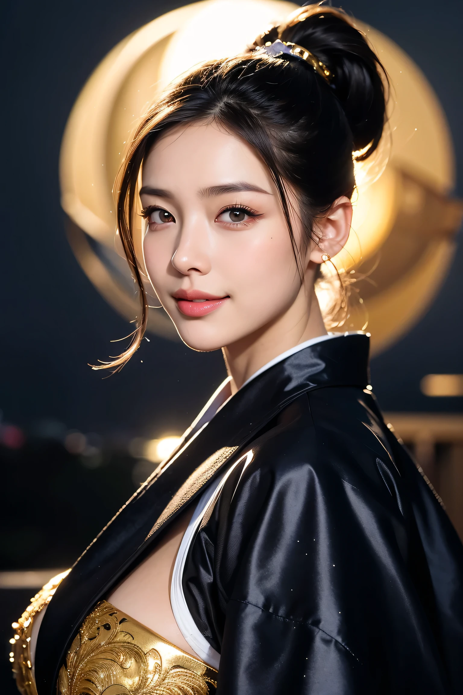 The beauty of kimono, Body Portrait, 8k, Narrow and beautiful eyes, Dindal effect, masterpiece, 最high quality, high quality, High resolution, Very detailed photos, (Natural skin texture, Fine skin, Hyperrealism, Ultra Sharpness) , Skin with attention to detail, (Very fine, Fine skin texture, Intricate details, ponytail, Beautiful Face, (Lifelike face), Realistic eyes, Beautiful and detailed eyes, Realistic Skin, Beautiful Skin, Hyper Reality Target, Very detailed, Golden Ratio, Smiling Eyes, ((Night moonlight background) )), Body Portrait, G-Cup, Big Breasts, Huge breasts, Big Breasts, glamorous,