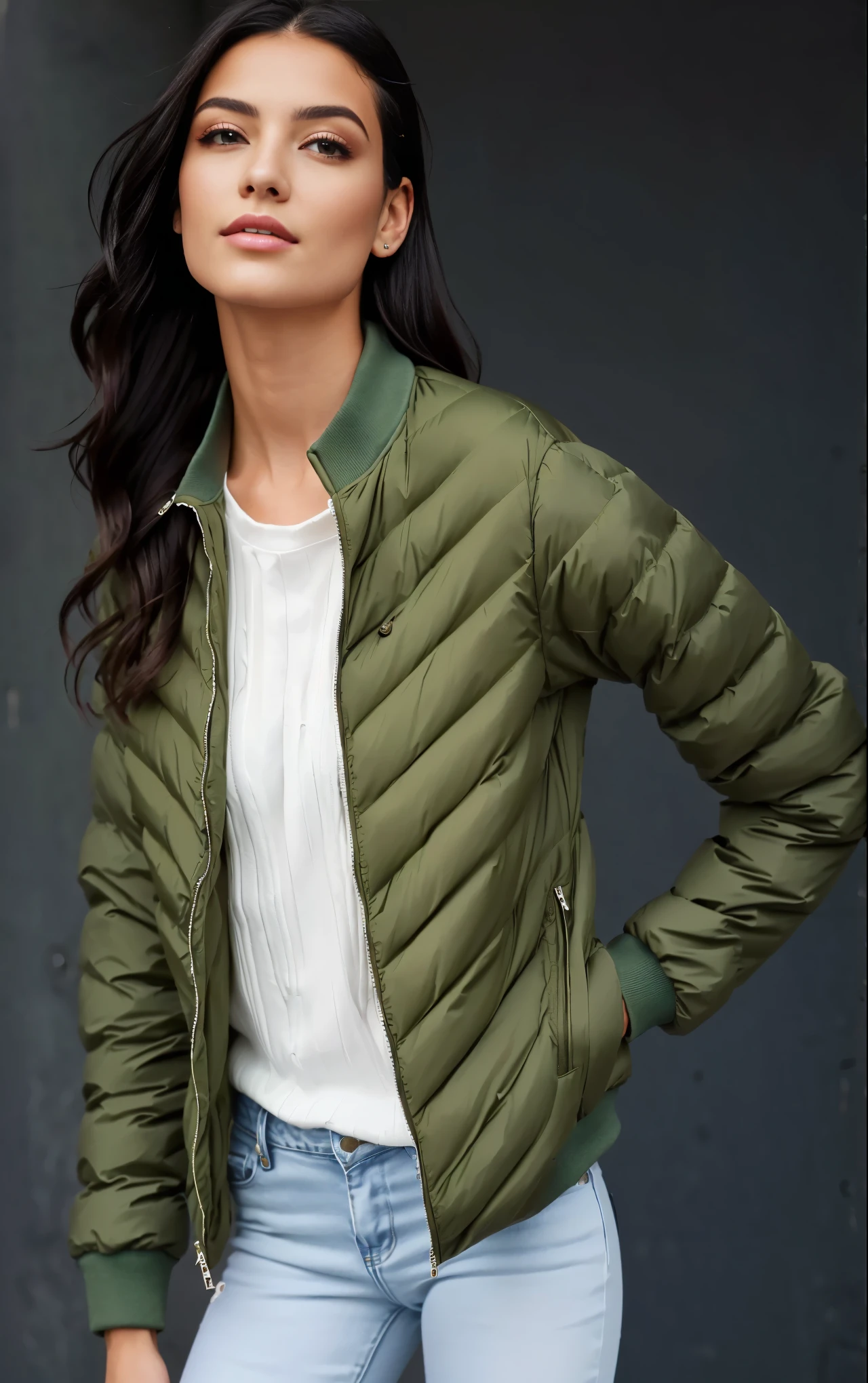 a woman in a green jaqueta and jeans posing for a picture, model wears a puffer jaqueta, puffer jaqueta, green colored bomber jaqueta, wearing green jaqueta, wearing dark green bomber jaqueta, jaqueta, Oliva green, inchado, wearing jaqueta, inspired by Gina Pellón, militares, Oliva, bomber jaqueta, wearing a turtleneck and jaqueta, versatile