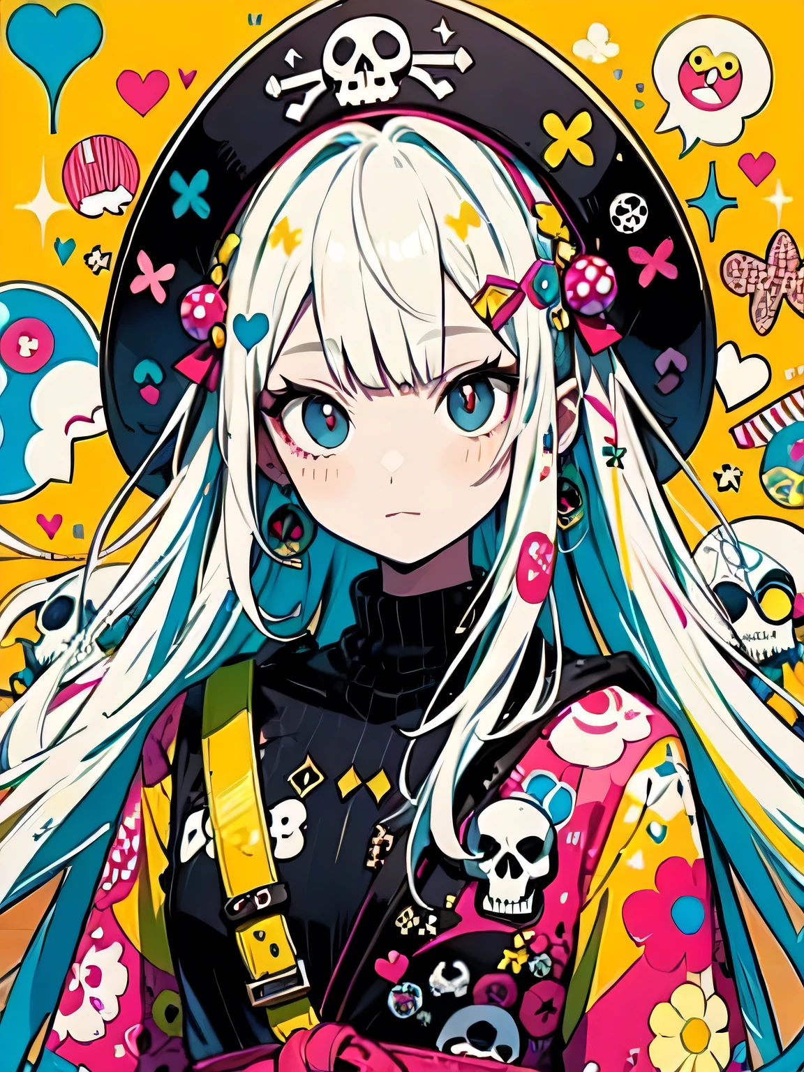 Takashi Murakami style、"cute, beautiful, Adorable girl wearing pink clothes, yellow, and baby blue color scheme. She is wearing a costume with a SKULL motif inspired by a female pirate.。.。.。.... stylish hat, Rock、Comes with decorative accessories such as hair clips. Embodying the vibrant and modern Harajuku fashion style。."