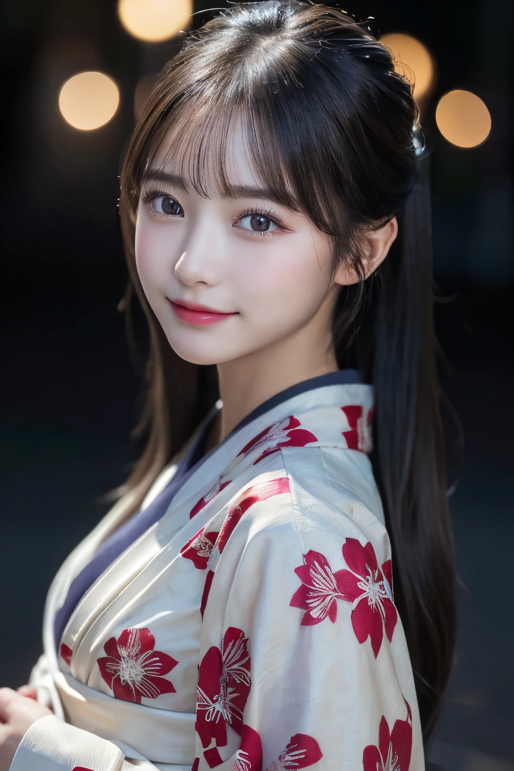 （kimono）、(highest quality、8k、High resolution、masterpiece:1.2)、Very detailed、(Realistic、photoRealistic、photo-Realistic:1.3)、Bokeh、(Natural and detailed eyes、beautiful girl、Young Face、Detailed face、No makeup)、Backlight:1.2、smile