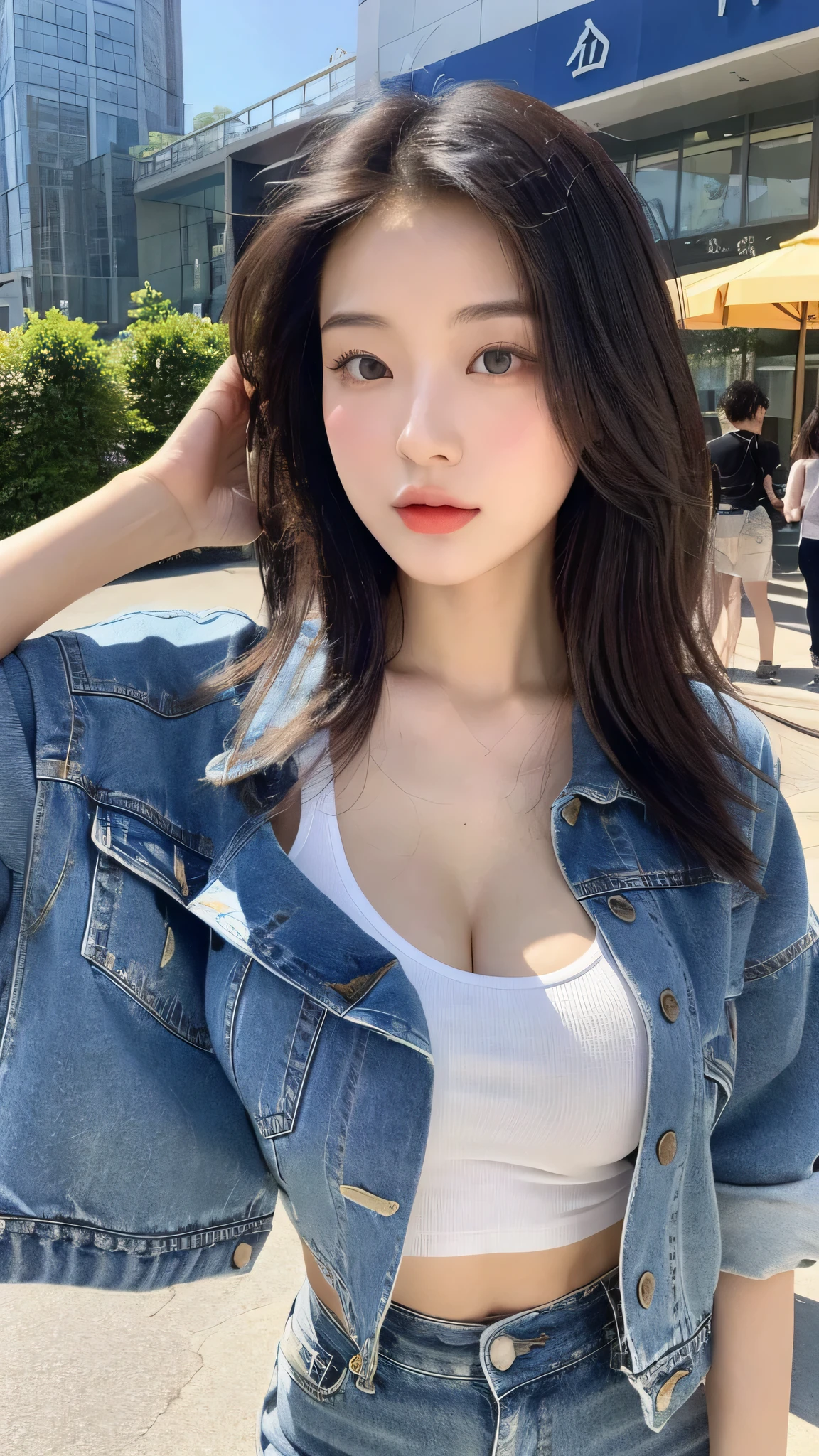 A lifelike, high-resolution: 1.3, a perfect figure of a Chinese girl, 25 years old, with an ultra-fine face and eyes, long hair, a white tank top, a blue denim jacket: 1.2, long jeans, large breasts, on the streets of a modern city, under the bright sunshine.